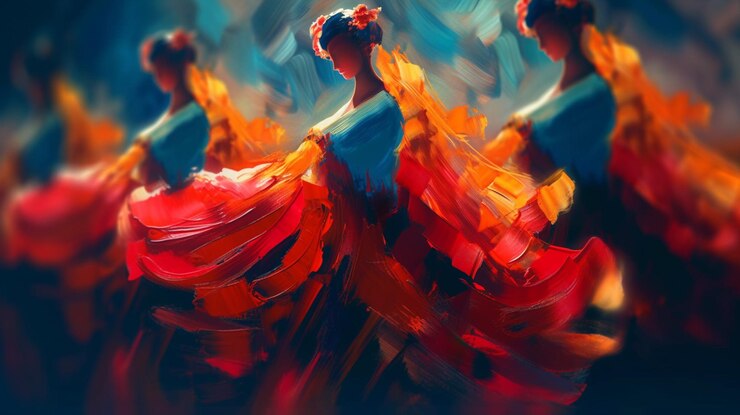 Bailarines de flamenco en vestidos coloridos sobre fondo negro generativo ai