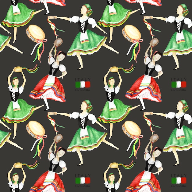 Bailarines de patrones sin fisuras en traje nacional rojo y verde una tarantella italiana con una pandereta