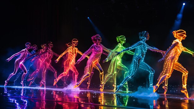 Bailarines con trajes con líneas fluorescentes