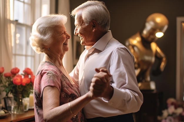 Baile armonioso Momento alegre de una pareja de ancianos en una acogedora sala de estar