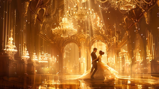 Baile elegante en una majestuosa sala de baile dorada pareja bailando vals lustres de lujo y atmósfera romántica reflejos y tonos cálidos perfectos para bodas IA