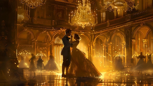 Baile de salón encantado en el opulento pasillo dorado pareja bailando elegantemente en un entorno lujoso ambiente romántico de cuento de hadas capturado perfecto para temas de cuentos AI