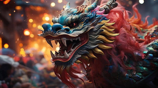 Bailes de disfraces de dragones multicolores en chino tradicional