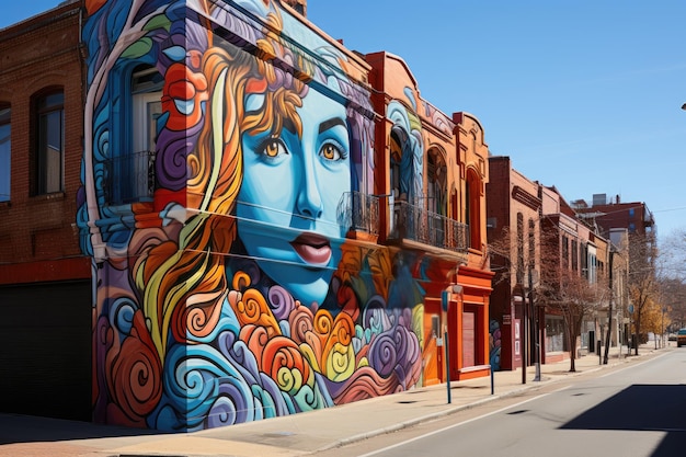 Bairro urbano com murais coloridos em edifícios IA generativos