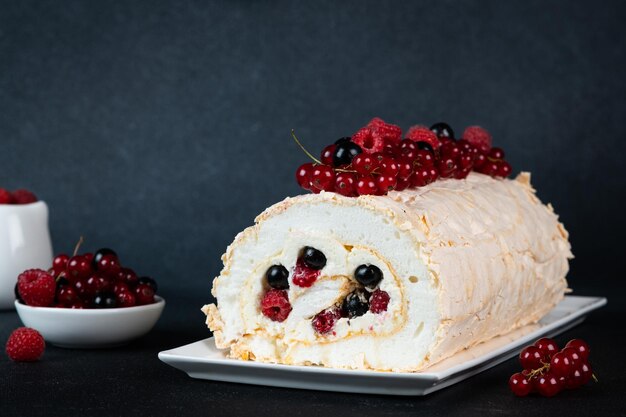 Baiserbrötchenkuchen mit Sahne und Beeren Roulade Sommerdessert Süßwarendessert