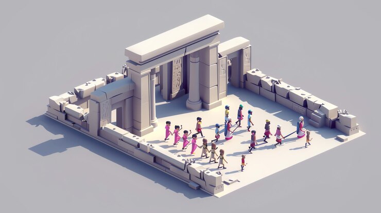Foto baixa renderização 3d de um grupo de pessoas caminhando em direção a um grande portão de pedra em um edifício em ruínas