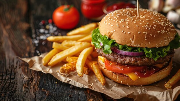 Baixe esta fotografia de comida em close-up de um delicioso hambúrguer e batatas fritas