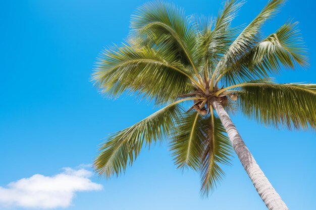 Baixo ângulo bela palmeira de coco com fundo de céu azul