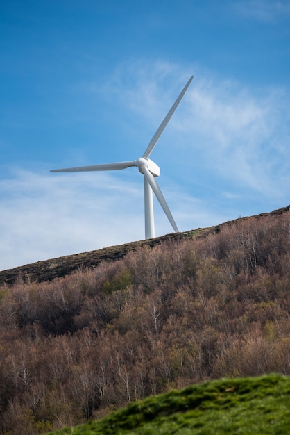 Baixo ângulo da turbina eólica produzindo energia alternativa ecologicamente correta para economizar o meio ambiente