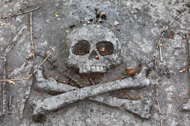 Baixo-relevo de pedra de um crânio e ossos em uma laje de cemitério