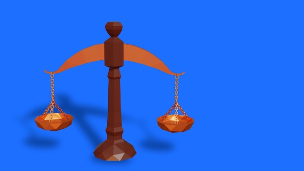 Baja poli escalas de justicia. Ilustración 3d estilizada.