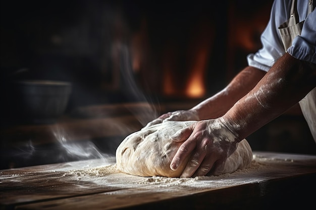 Baker amassando massa na padaria para uma deliciosa foto de pão brilhante com espaço de cópia para colocação de texto