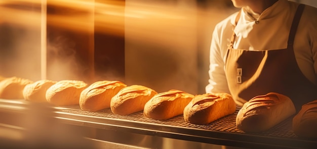 Foto baker assando pão fresco e pastelaria na padaria da cidade velha pela manhã produtos recém-assados quentes nas prateleiras e no forno pequenas empresas locais e produção de alimentos generative ai