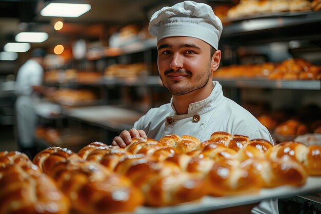 Baker atraente em uniforme branco segurando uma bandeja com bagels recém-cozidos no fundo