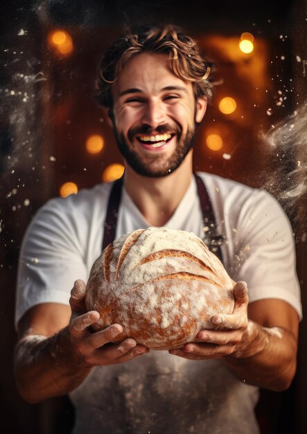 Foto baker está haciendo en el horno pan de masa fermentada fresca con desorden de harina en la mesa generativo ai