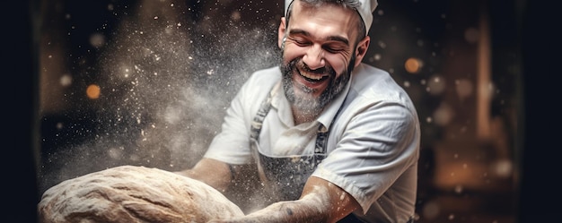 Foto baker está haciendo en el horno pan de masa fermentada fresca con desorden de harina panorama de alimentos generative ai