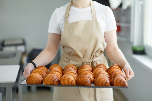 Baker llevando croissants dorados crujientes recién horneados en una bandeja de metal para enfriar. Sosteniéndolo por los lados.