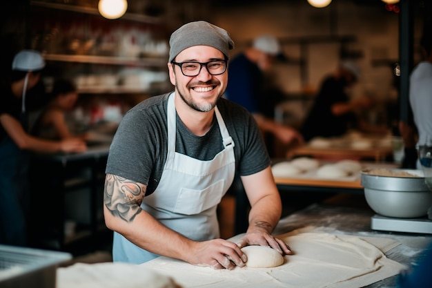 Baker sonriendo mientras trabaja en el taller de panadería