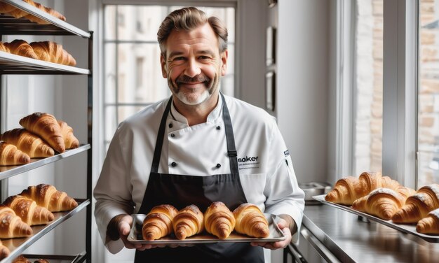 Baker sosteniendo una bandeja de metal llena de croissants frescos iluminados