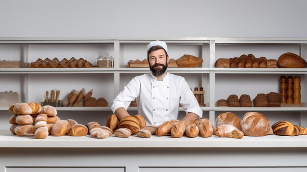 Baker en su panadería con estantes y mostrador lleno de pan y pasteles