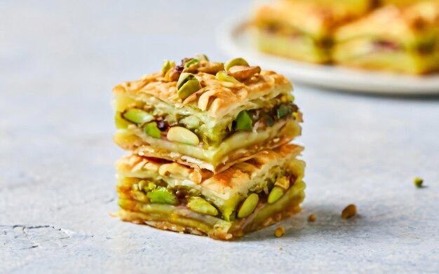 Baklava Bliss Una delicia apilada de pasteles escamosos y riquezas de pistacho