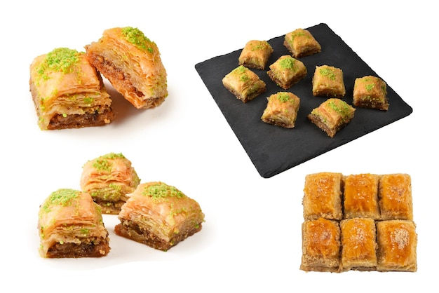 Baklava de pistache em uma sobremesa de fundo branco