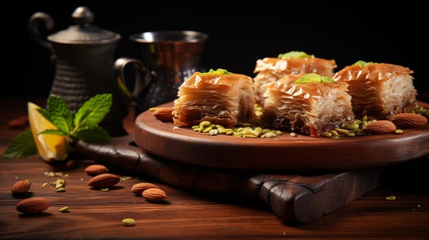 Baklava Delight Postre de Ramadán en plato de madera con fondo oscuro