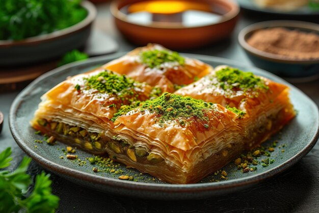 Foto baklava con pistacho uno de los postres más hermosos de la cocina turca el postre turco baklava.