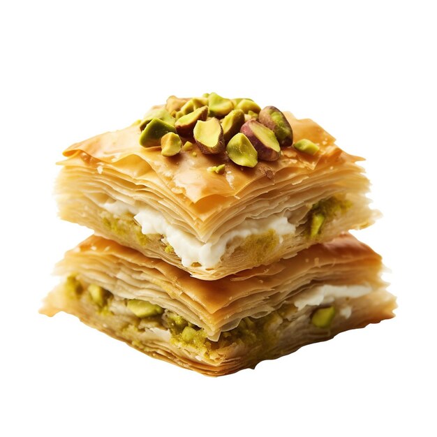 Baklava de pistacho sobre un postre de fondo blanco