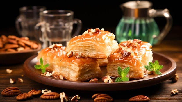 Baklava recién horneado, un dulce postre turco servido en un plato