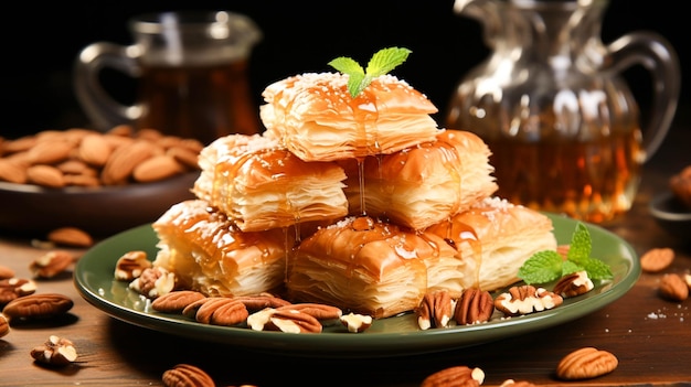 Baklava recién horneado, un dulce postre turco servido en un plato