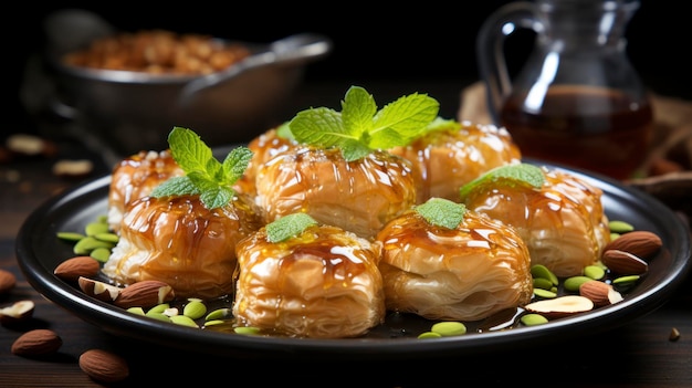 Baklava turco tradicional en un tazón de cerca