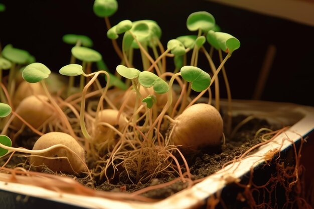 Foto bakterien und pilze können den pflanzen und dem boden helfen bodenbakterien könnten die ernteerträge durch pilze verbessern pilze wachsen auf feuchtem boden auf pflanzen sprießen ai generativ
