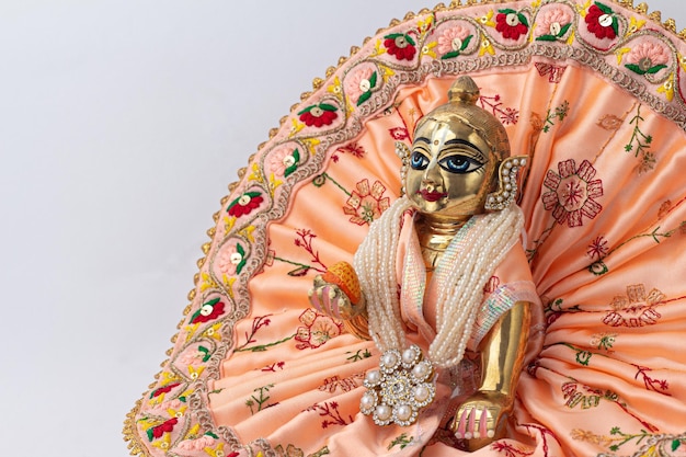 Bal krishna laddu gopal messing statue seite mit blick auf den weißen hintergrund