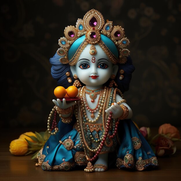 Bal Krishna Laddu Gopal schöne Kleidung und Schmuck Krishna Janmashtami Generative Ai