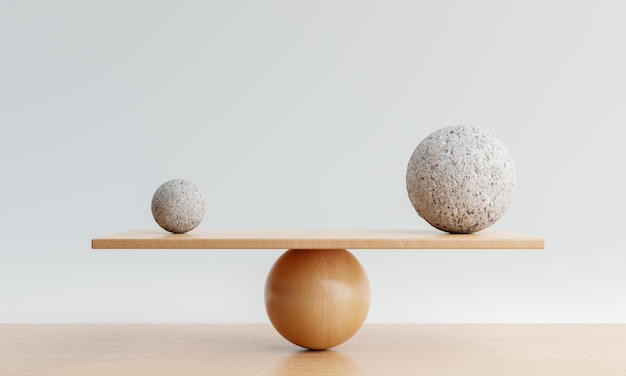 Foto balança de madeira equilibrando com uma bola grande e uma bola pequena harmonia e conceito de equilíbrio renderização de ilustração 3d