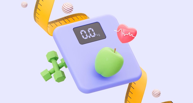 Balanças eletrônicas com uma maçã verde e halteres para fitness. Medindo a perda de peso corporal