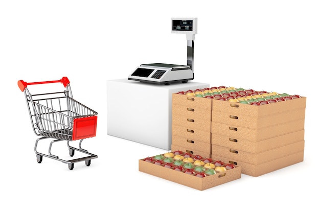 Balanças eletrônicas para pesar alimentos com caixas de maçãs em um fundo branco. Renderização 3D