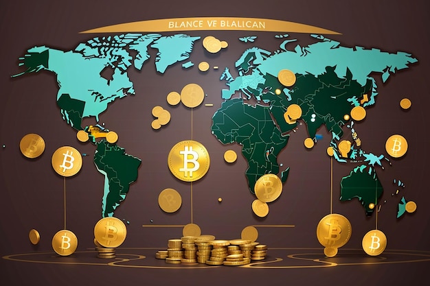 Foto balance dólar vs conceito de bitcoin com mapa do mundo