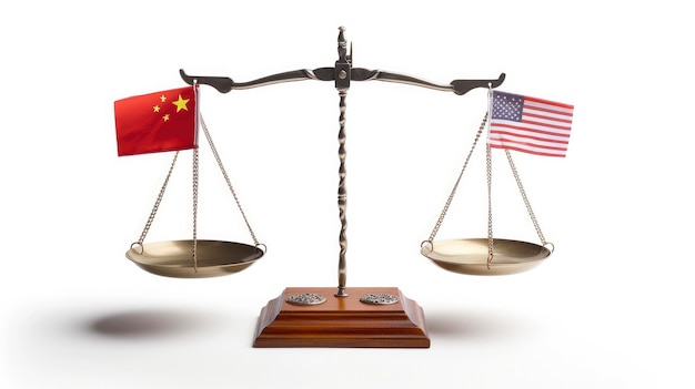 Balance económico global Dos escalas adornadas con banderas de los Estados Unidos y China que simbolizan el mundo
