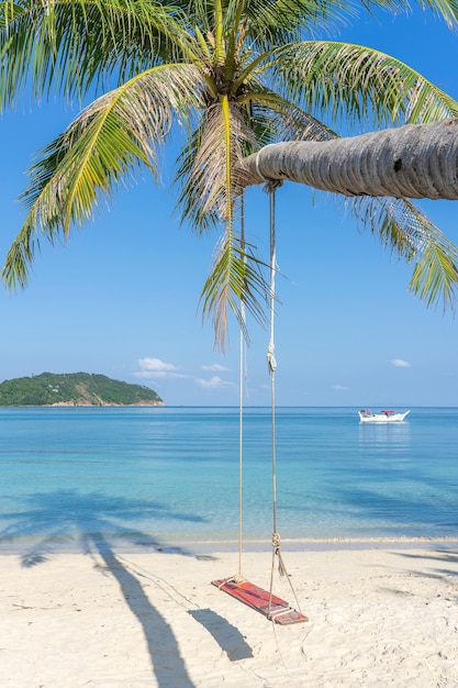 Balance pendurar-se em uma palmeira de coco sobre a praia de areia perto da água do mar azul na ilha de Koh Phangan, Tailândia. Conceito de verão, viagens, férias e férias