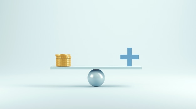 Balance von Geld und medizinischem Bild auf blau.