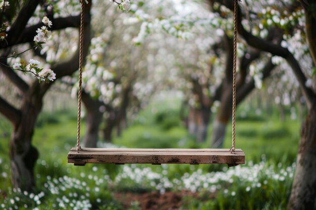 balanço de madeira pendurado em uma árvore em um jardim em flor IA gerativa