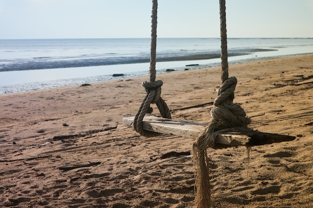 Balanço de madeira pendurado na praia.