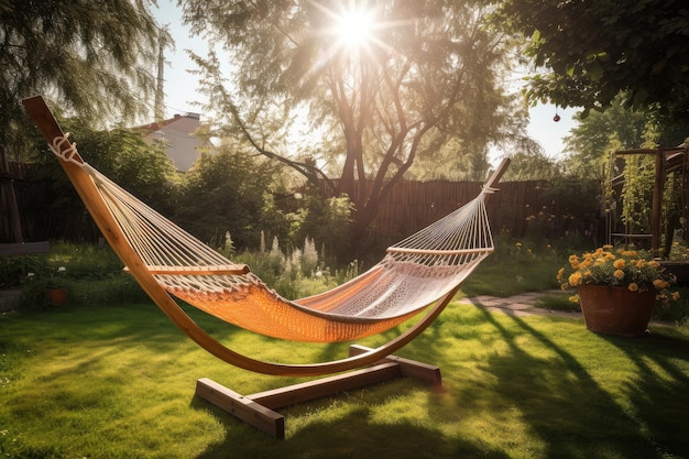 Balanço de rede relaxante ao sol com vista para um jardim tranquilo