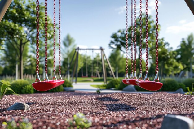 balanços de cadeia vermelhos no parque infantil moderno