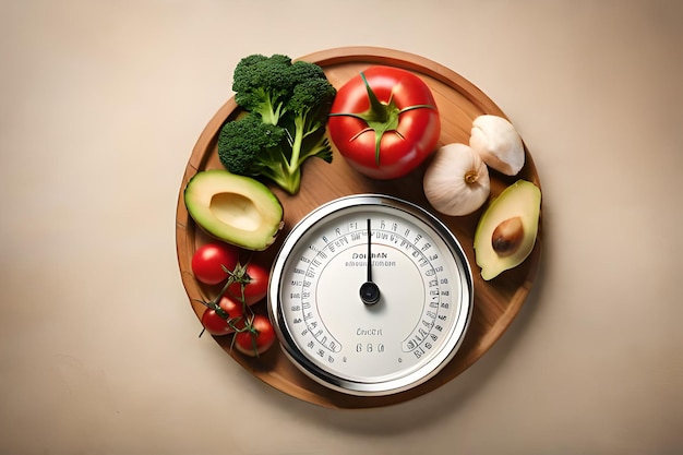 Una balanza con una balanza para alimentos y un plato de verduras.