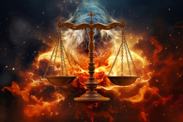 Una balanza de justicia está envuelta en llamas con una cruz en la parte superior que simboliza la agitación y el conflicto en el concepto de justicia