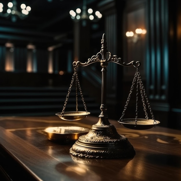 La balanza de la justicia en la sala oscura del tribunal Concepto jurídico de la judicatura Generativa ai