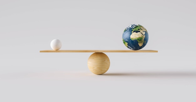 Balanza de madera que equilibra la bola de tierra y una bola pequeña. Concepto de armonía y equilibrio.